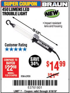 Harbor Freight Coupon 450 LUMENS LED TROUBLE LIGHT Lot No. 63920 Expired: 6/18/18 - $14.99