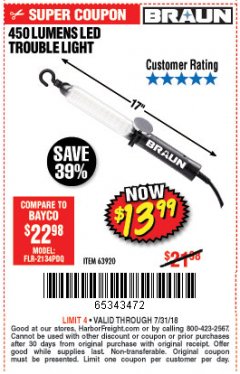 Harbor Freight Coupon 450 LUMENS LED TROUBLE LIGHT Lot No. 63920 Expired: 7/31/18 - $13.99