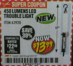 Harbor Freight Coupon 450 LUMENS LED TROUBLE LIGHT Lot No. 63920 Expired: 8/31/18 - $13.99