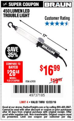Harbor Freight Coupon 450 LUMENS LED TROUBLE LIGHT Lot No. 63920 Expired: 12/22/19 - $16.99