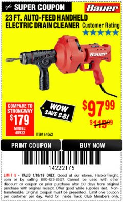 Harbor Freight ITC Coupon BAUER 23 FT AUTO FEED HANDHELD ELECTRIC DRAIN CLEANER Lot No. 64063 Expired: 1/10/19 - $97.99