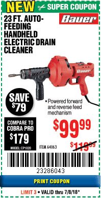 Harbor Freight Coupon BAUER 23 FT AUTO FEED HANDHELD ELECTRIC DRAIN CLEANER Lot No. 64063 Expired: 7/8/18 - $99.99