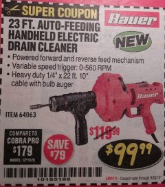 Harbor Freight Coupon BAUER 23 FT AUTO FEED HANDHELD ELECTRIC DRAIN CLEANER Lot No. 64063 Expired: 9/30/18 - $99.99
