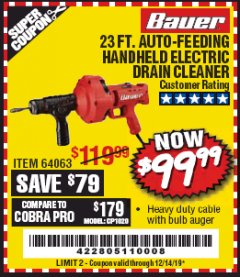 Harbor Freight Coupon BAUER 23 FT AUTO FEED HANDHELD ELECTRIC DRAIN CLEANER Lot No. 64063 Expired: 12/14/19 - $99.99