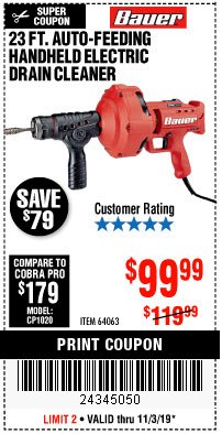 Harbor Freight Coupon BAUER 23 FT AUTO FEED HANDHELD ELECTRIC DRAIN CLEANER Lot No. 64063 Expired: 11/3/19 - $99.99