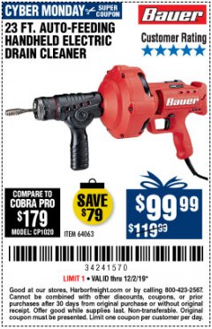 Harbor Freight Coupon BAUER 23 FT AUTO FEED HANDHELD ELECTRIC DRAIN CLEANER Lot No. 64063 Expired: 12/2/19 - $99.99