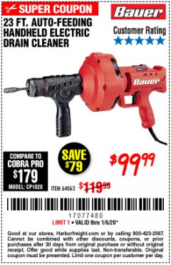 Harbor Freight Coupon BAUER 23 FT AUTO FEED HANDHELD ELECTRIC DRAIN CLEANER Lot No. 64063 Expired: 1/6/20 - $99.99