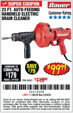 Harbor Freight Coupon BAUER 23 FT AUTO FEED HANDHELD ELECTRIC DRAIN CLEANER Lot No. 64063 Expired: 2/29/20 - $99.99
