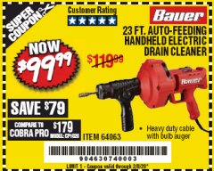 Harbor Freight Coupon BAUER 23 FT AUTO FEED HANDHELD ELECTRIC DRAIN CLEANER Lot No. 64063 Expired: 2/8/20 - $99.99