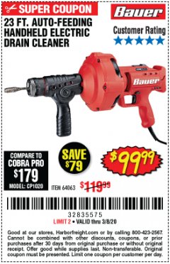 Harbor Freight Coupon BAUER 23 FT AUTO FEED HANDHELD ELECTRIC DRAIN CLEANER Lot No. 64063 Expired: 2/8/20 - $99.99