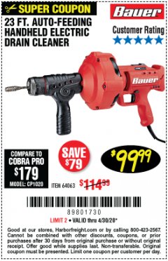 Harbor Freight Coupon BAUER 23 FT AUTO FEED HANDHELD ELECTRIC DRAIN CLEANER Lot No. 64063 Expired: 6/30/20 - $99.99