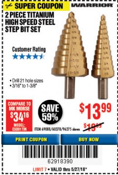 Harbor Freight Coupon 2 PIECE TITANIUM NITRIDE COATED HIGH SPEED STEEL STEP DRILL BITS Lot No. 96275/69088/60378 Expired: 5/27/18 - $13.99