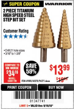 Harbor Freight Coupon 2 PIECE TITANIUM NITRIDE COATED HIGH SPEED STEEL STEP DRILL BITS Lot No. 96275/69088/60378 Expired: 9/16/18 - $13.99