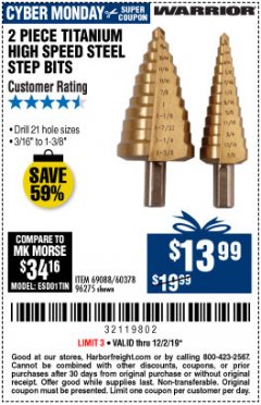 Harbor Freight Coupon 2 PIECE TITANIUM NITRIDE COATED HIGH SPEED STEEL STEP DRILL BITS Lot No. 96275/69088/60378 Expired: 12/1/19 - $13.99