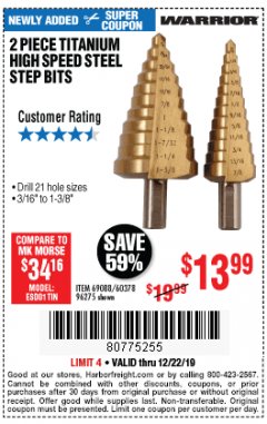 Harbor Freight Coupon 2 PIECE TITANIUM NITRIDE COATED HIGH SPEED STEEL STEP DRILL BITS Lot No. 96275/69088/60378 Expired: 12/22/19 - $13.99