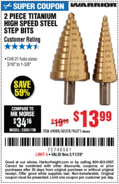 Harbor Freight Coupon 2 PIECE TITANIUM NITRIDE COATED HIGH SPEED STEEL STEP DRILL BITS Lot No. 96275/69088/60378 Expired: 2/17/20 - $13.99