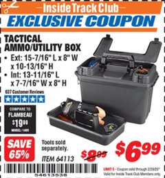 Harbor Freight ITC Coupon TACTICAL AMMO BOX W/TRAY Lot No. 64113 Expired: 2/29/20 - $6.99