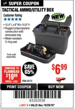 Harbor Freight Coupon TACTICAL AMMO BOX W/TRAY Lot No. 64113 Expired: 10/28/18 - $6.99
