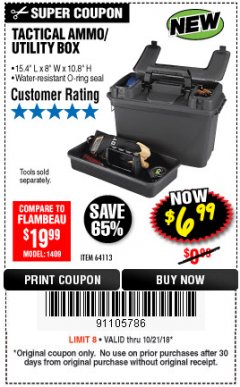 Harbor Freight Coupon TACTICAL AMMO BOX W/TRAY Lot No. 64113 Expired: 10/21/18 - $6.99