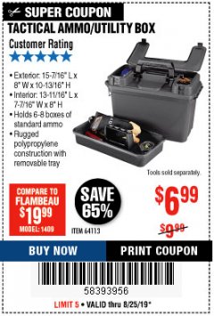 Harbor Freight Coupon TACTICAL AMMO BOX W/TRAY Lot No. 64113 Expired: 8/25/19 - $6.99