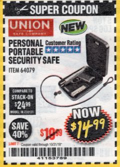 Harbor Freight Coupon PERSONAL PORTABLE SECURITY SAFE Lot No. 64079 Expired: 10/31/18 - $14.99