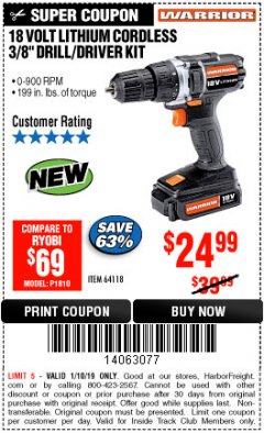 Harbor Freight ITC Coupon WARRIOR 18V LITHIUM 3/8" CORDLESS DRILL Lot No. 64118 Expired: 1/10/19 - $24.99