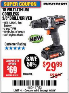 Harbor Freight Coupon WARRIOR 18V LITHIUM 3/8" CORDLESS DRILL Lot No. 64118 Expired: 9/3/18 - $29.99
