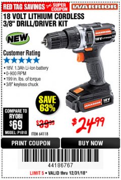 Harbor Freight Coupon WARRIOR 18V LITHIUM 3/8" CORDLESS DRILL Lot No. 64118 Expired: 12/31/18 - $24.99