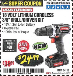 Harbor Freight Coupon WARRIOR 18V LITHIUM 3/8" CORDLESS DRILL Lot No. 64118 Expired: 4/30/19 - $24.99