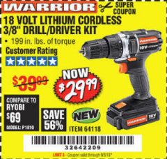 Harbor Freight Coupon WARRIOR 18V LITHIUM 3/8" CORDLESS DRILL Lot No. 64118 Expired: 9/3/19 - $29.99