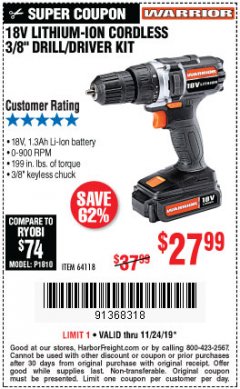 Harbor Freight Coupon WARRIOR 18V LITHIUM 3/8" CORDLESS DRILL Lot No. 64118 Expired: 11/24/19 - $27.99