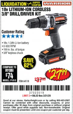 Harbor Freight Coupon WARRIOR 18V LITHIUM 3/8" CORDLESS DRILL Lot No. 64118 Expired: 3/31/20 - $27.99