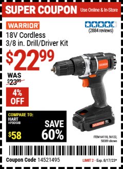 Harbor Freight Coupon WARRIOR 18V LITHIUM 3/8" CORDLESS DRILL Lot No. 64118 Expired: 8/17/23 - $22.99