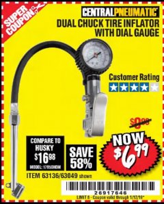Harbor Freight Coupon DUAL CHUCK TIRE INFLATOR WITH DIAL GAUGE Lot No. 68271/61387 Expired: 1/12/19 - $6.99