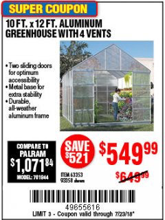 Harbor Freight Coupon 10 FT. X 12 FT. ALUMINUM GREENHOUSE WITH 4 VENTS Lot No. 69893/93358/63353 Expired: 7/23/18 - $549.99
