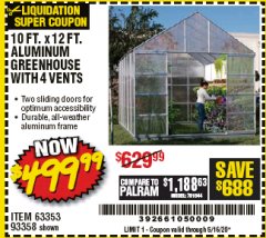 Harbor Freight Coupon 10 FT. X 12 FT. ALUMINUM GREENHOUSE WITH 4 VENTS Lot No. 69893/93358/63353 Expired: 6/30/20 - $499.99
