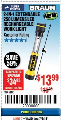 Harbor Freight Coupon 2-IN-1 EXTENDABLE 250 LUMENS LED RECHARGEABLE WORK LIGHT Lot No. 63983 Expired: 7/8/18 - $13.99