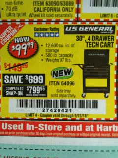 Harbor Freight Coupon 30", 4 DRAWER TECH CART Lot No. 64818/56391/56387/56386/56392/56394/56393/64096 Expired: 9/15/18 - $99.99