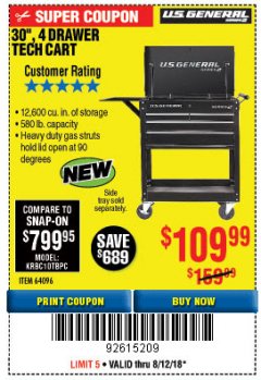 Harbor Freight Coupon 30", 4 DRAWER TECH CART Lot No. 64818/56391/56387/56386/56392/56394/56393/64096 Expired: 8/12/18 - $109.99