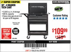 Harbor Freight Coupon 30", 4 DRAWER TECH CART Lot No. 64818/56391/56387/56386/56392/56394/56393/64096 Expired: 9/16/18 - $109.99