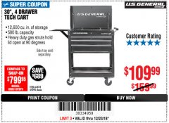 Harbor Freight Coupon 30", 4 DRAWER TECH CART Lot No. 64818/56391/56387/56386/56392/56394/56393/64096 Expired: 12/23/18 - $109.99