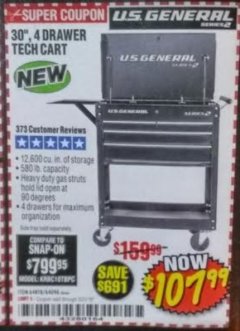 Harbor Freight Coupon 30", 4 DRAWER TECH CART Lot No. 64818/56391/56387/56386/56392/56394/56393/64096 Expired: 3/31/19 - $107.99