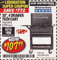 Harbor Freight Coupon 30", 4 DRAWER TECH CART Lot No. 64818/56391/56387/56386/56392/56394/56393/64096 Expired: 5/31/19 - $107.99