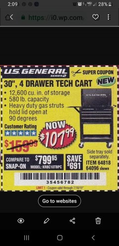 Harbor Freight Coupon 30", 4 DRAWER TECH CART Lot No. 64818/56391/56387/56386/56392/56394/56393/64096 Expired: 7/18/19 - $107.99