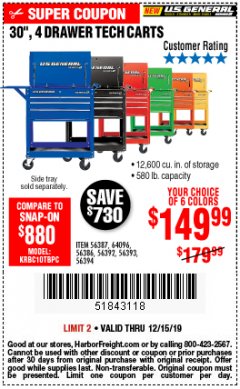 Harbor Freight Coupon 30", 4 DRAWER TECH CART Lot No. 64818/56391/56387/56386/56392/56394/56393/64096 Expired: 12/15/19 - $149.99