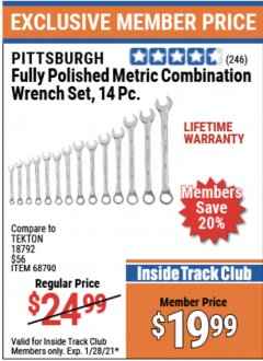 Harbor Freight ITC Coupon 14 PIECE FULLY POLISHED COMBINATION WRENCH SETS Lot No. 68792/68790 Expired: 1/28/21 - $19.99