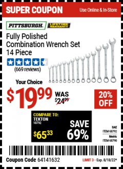 Harbor Freight Coupon 14 PIECE FULLY POLISHED COMBINATION WRENCH SETS Lot No. 68792/68790 Valid Thru: 8/18/22 - $19.99