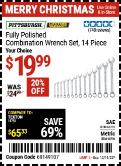 Harbor Freight Coupon 14 PIECE FULLY POLISHED COMBINATION WRENCH SETS Lot No. 68792/68790 Expired: 12/11/22 - $19.99