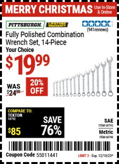 Harbor Freight Coupon 14 PIECE FULLY POLISHED COMBINATION WRENCH SETS Lot No. 68792/68790 Expired: 12/10/23 - $19.99