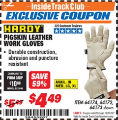 Harbor Freight ITC Coupon PIGSKIN LEATHER WORK GLOVES Lot No. 64173/57387/64174/57386/64172 Expired: 12/31/19 - $4.49